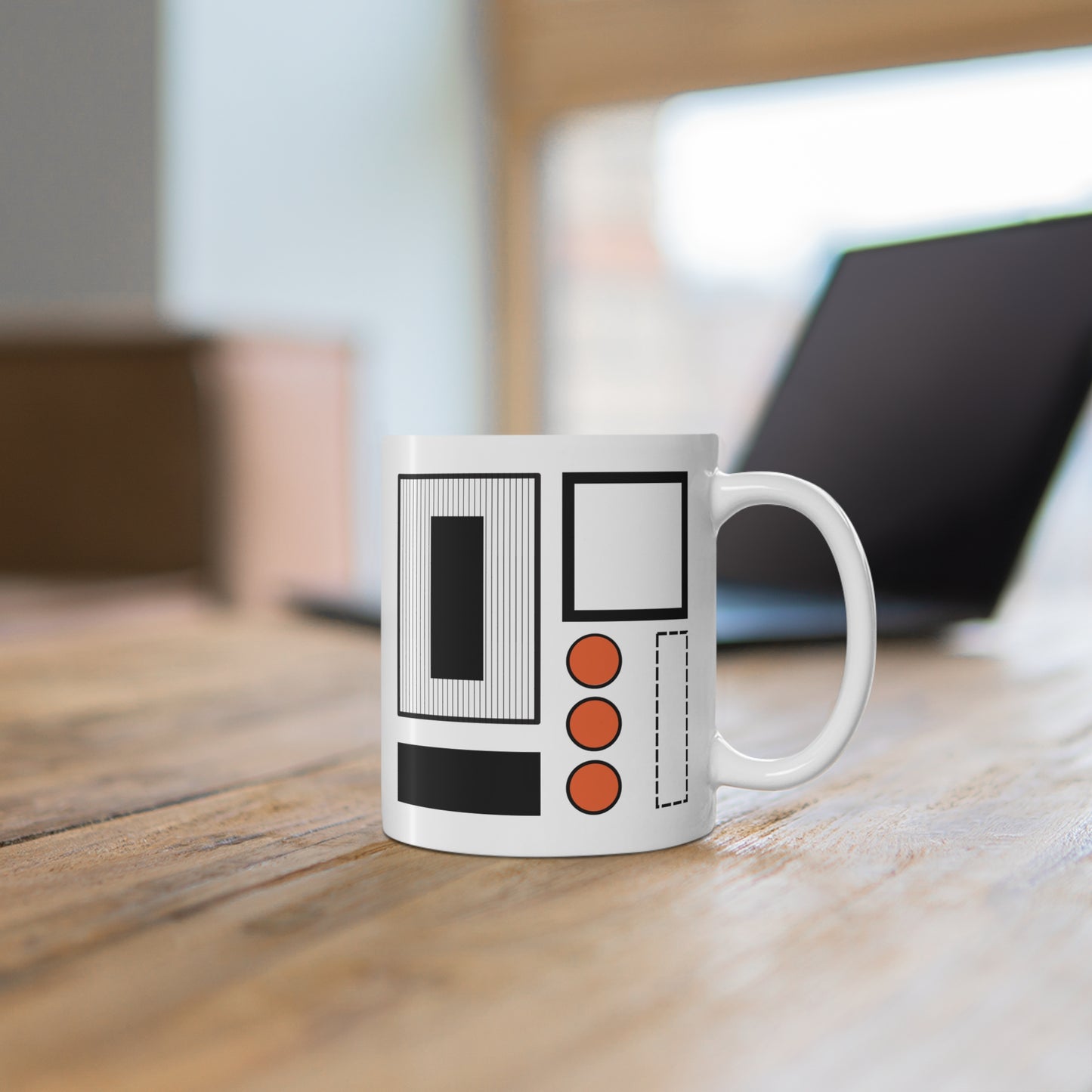 Modern Dot & Frame Mug | 11oz Ceramic Coffee Mug | Minimalist Abstract Design in Black & Orange