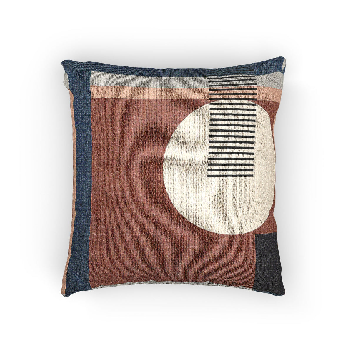 Modern Abstract Throw Pillow | Bauhaus-Inspired Circle & Stripes Cushion | Terra Cotta & Denim Decor