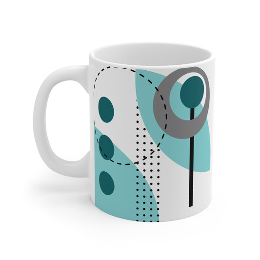 Abstract Botanical Geometry Mug – Teal, Blue & Gray Modern Art