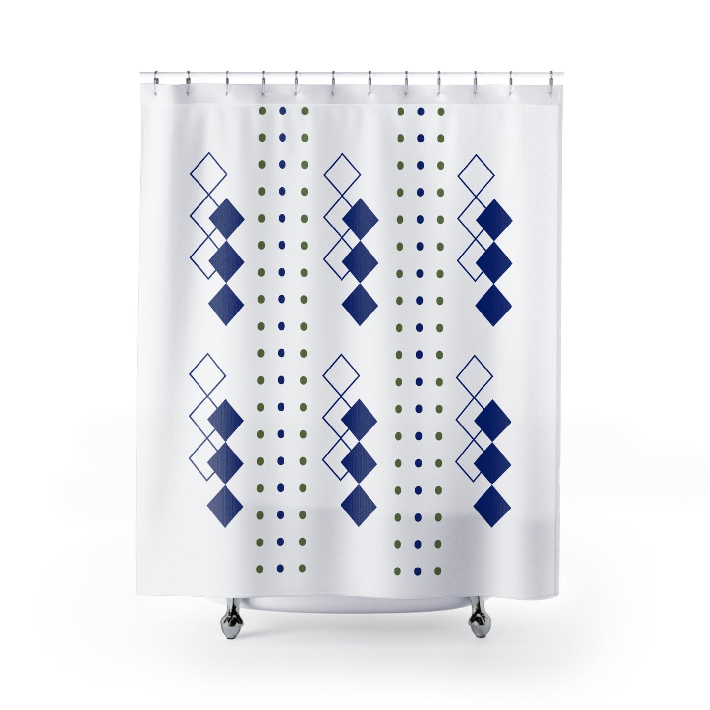 Geometric Column Shower Curtain – Navy Blue & Olive Dotted Diamond Pattern
