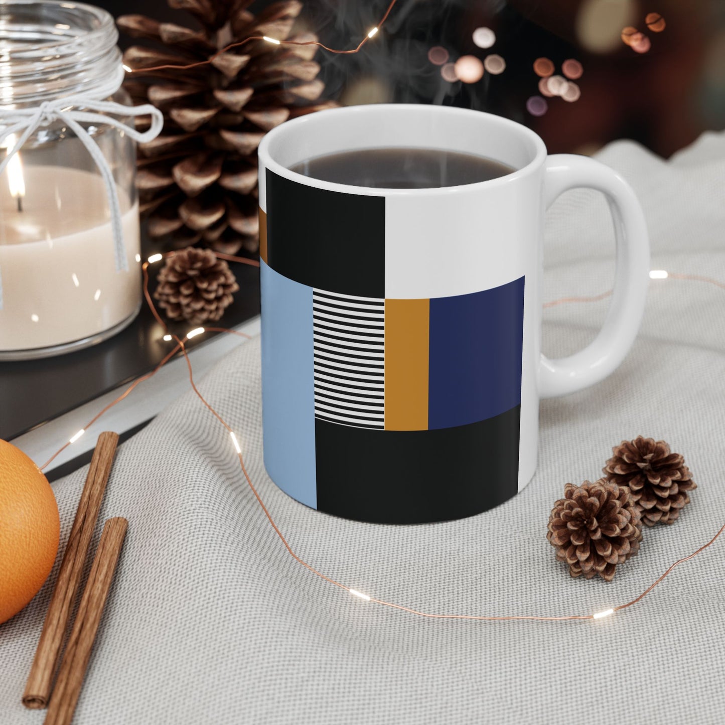 Navy & Ochre Abstract Geometric Mug | Modern Bauhaus Inspired Coffee Cup