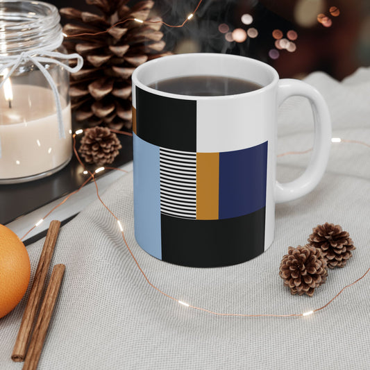 Navy & Ochre Abstract Geometric Mug | Modern Bauhaus Inspired Coffee Cup