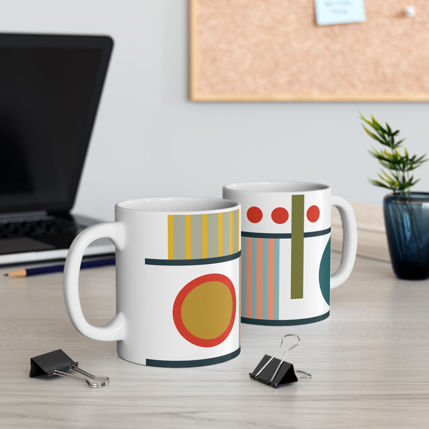 Bold Geometry Mug – Circles & Stripes in Mustard & Teal | 11 oz Mug