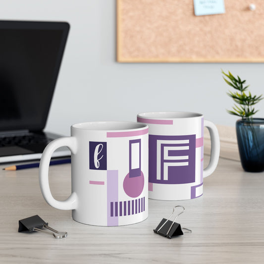 "F" Spatial Composition – Lavender & Plum Modernist Monogram Mug | 11 oz Mug