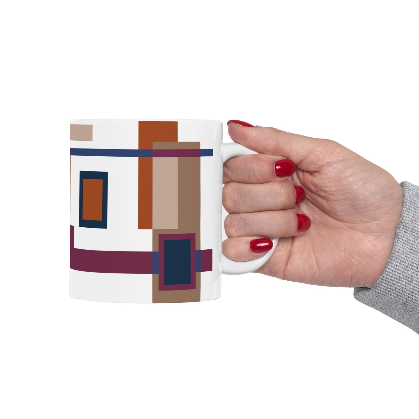 Modern Abstract Plaid Coffee Mug | Geometric Tartan Designer Tea Cup | Navy Blue and Terracotta Checkered Mug | Warm Minimalist Decor | Mid-Century Kitchenware | 11 oz Mug