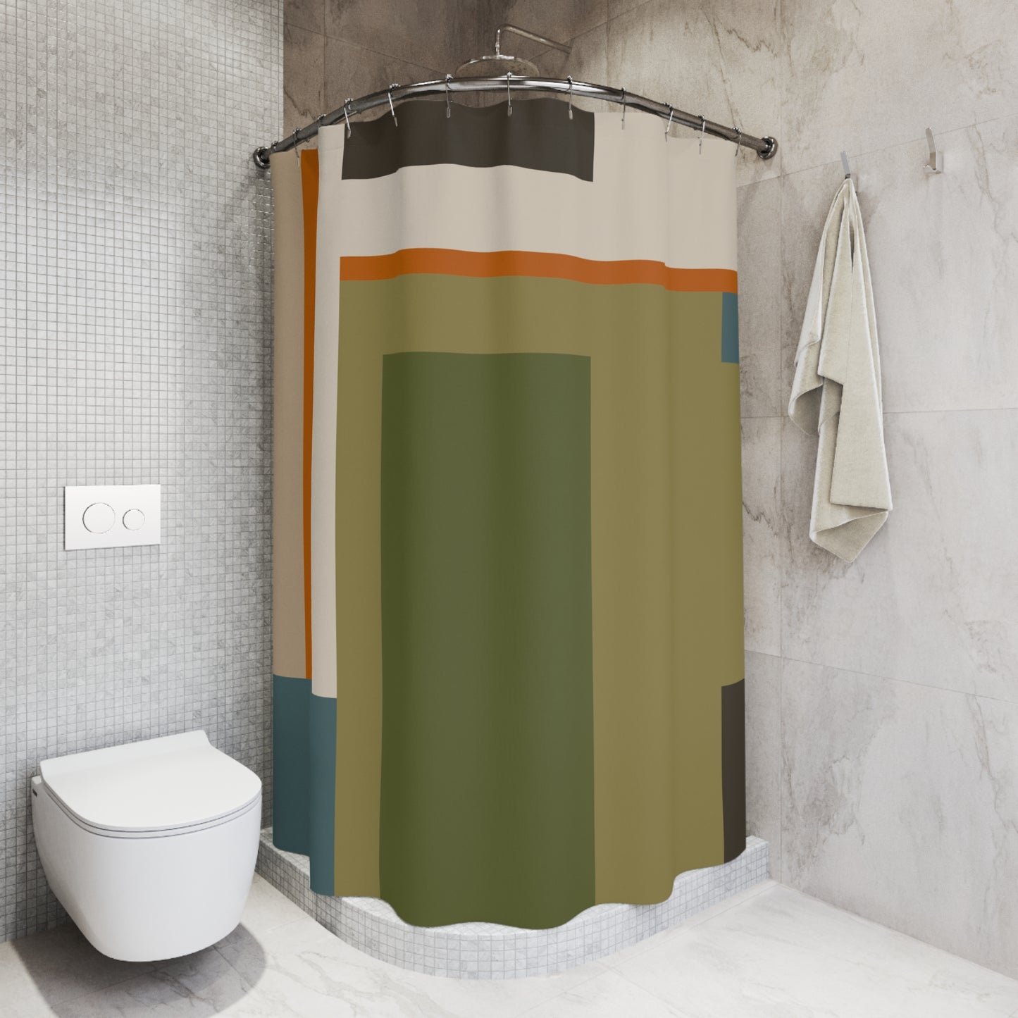 Architectural Geometric Block Shower Curtain | Earth Tones & Forest Green Art Decor