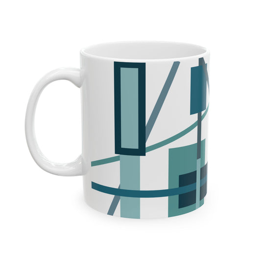 Modern Teal Geometric Abstract Mug | Aqua & Navy Blue Architectural Coffee Cup | Minimalist Designer Tea Mug | Clean Line Desk Decor | Mid-Century Kitchenware | 11 oz Mug