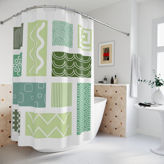 Mint & Olive Green Patchwork Shower Curtain – Modern Botanical Geometrics