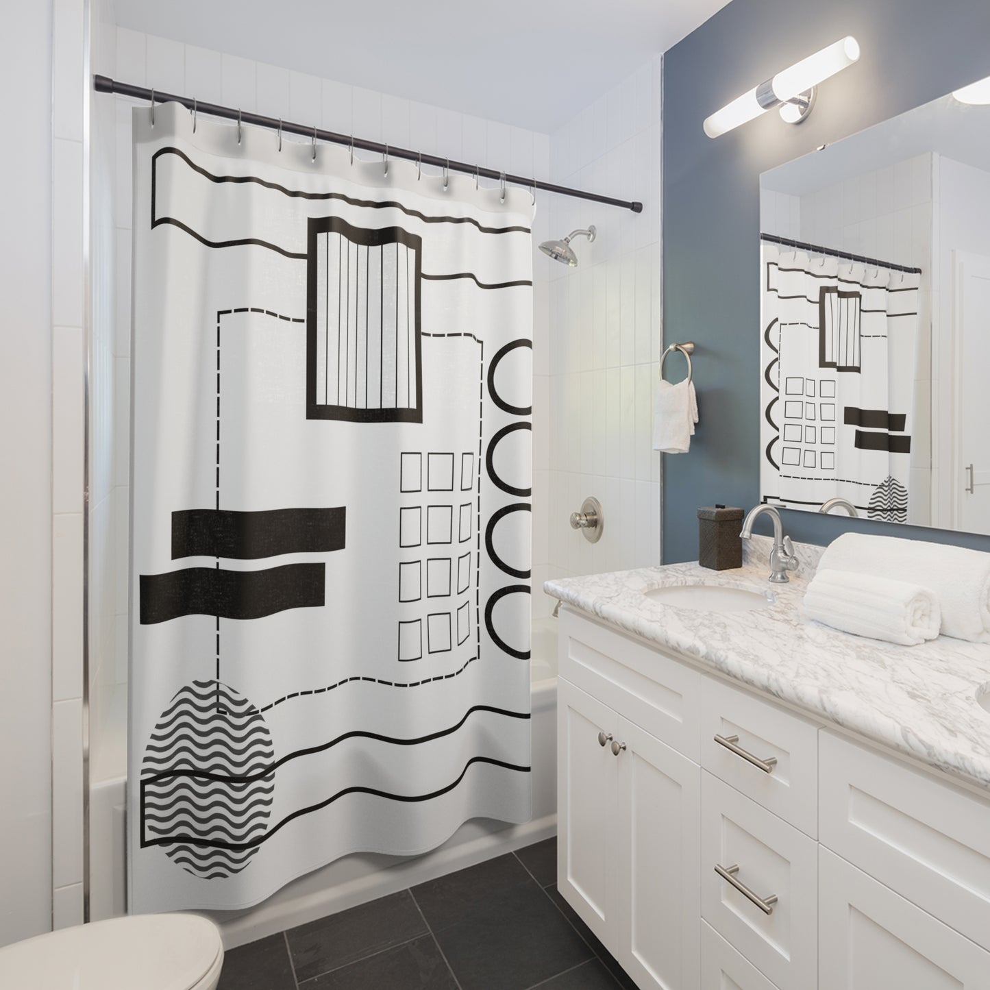 Minimalist Geometric Shower Curtain – Wavy Circle & Bar Grid Design