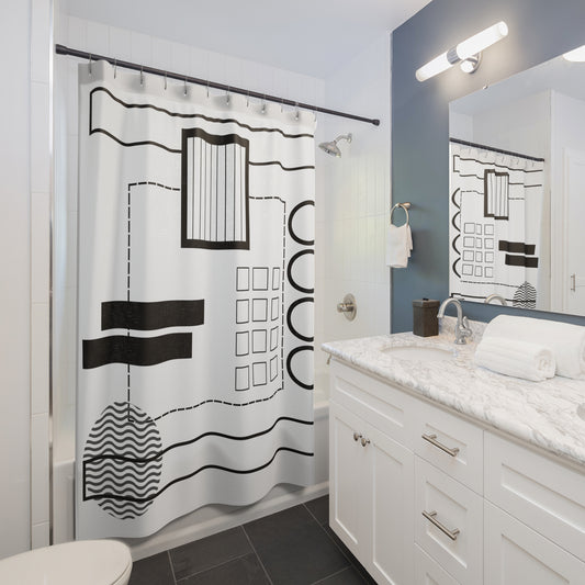 Minimalist Geometric Shower Curtain – Wavy Circle & Bar Grid Design