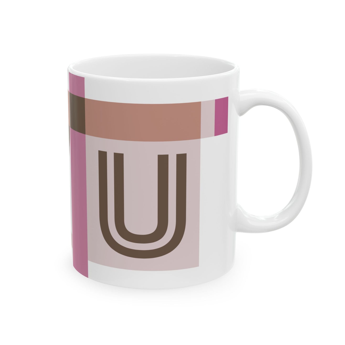 "U" Geometric Monogram Mug – Mod Pink & Taupe Bauhaus Design | 11 oz Mug