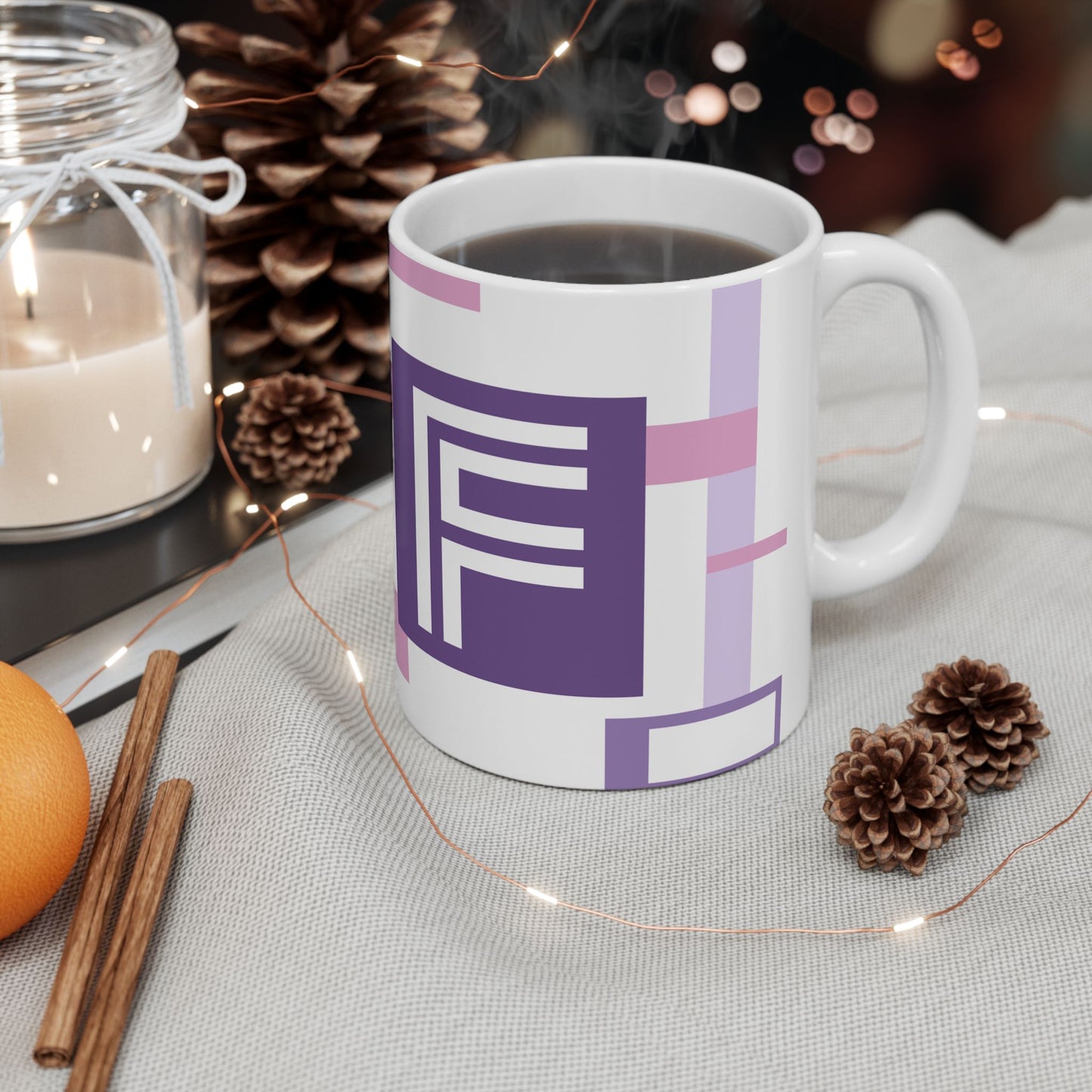 "F" Spatial Composition – Lavender & Plum Modernist Monogram Mug | 11 oz Mug
