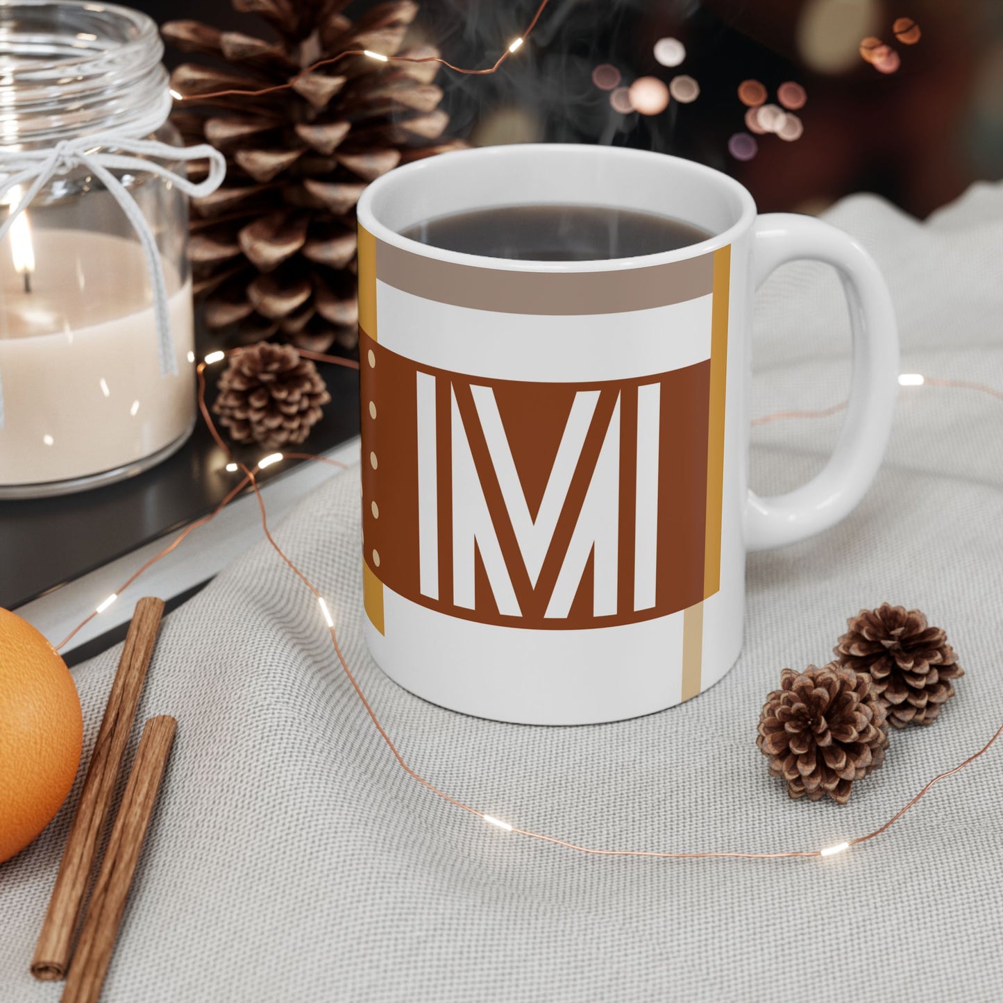 "M" Bauhaus Blueprint – Terracotta & Ochre Geometric Monogram Mug | 11 oz Mug