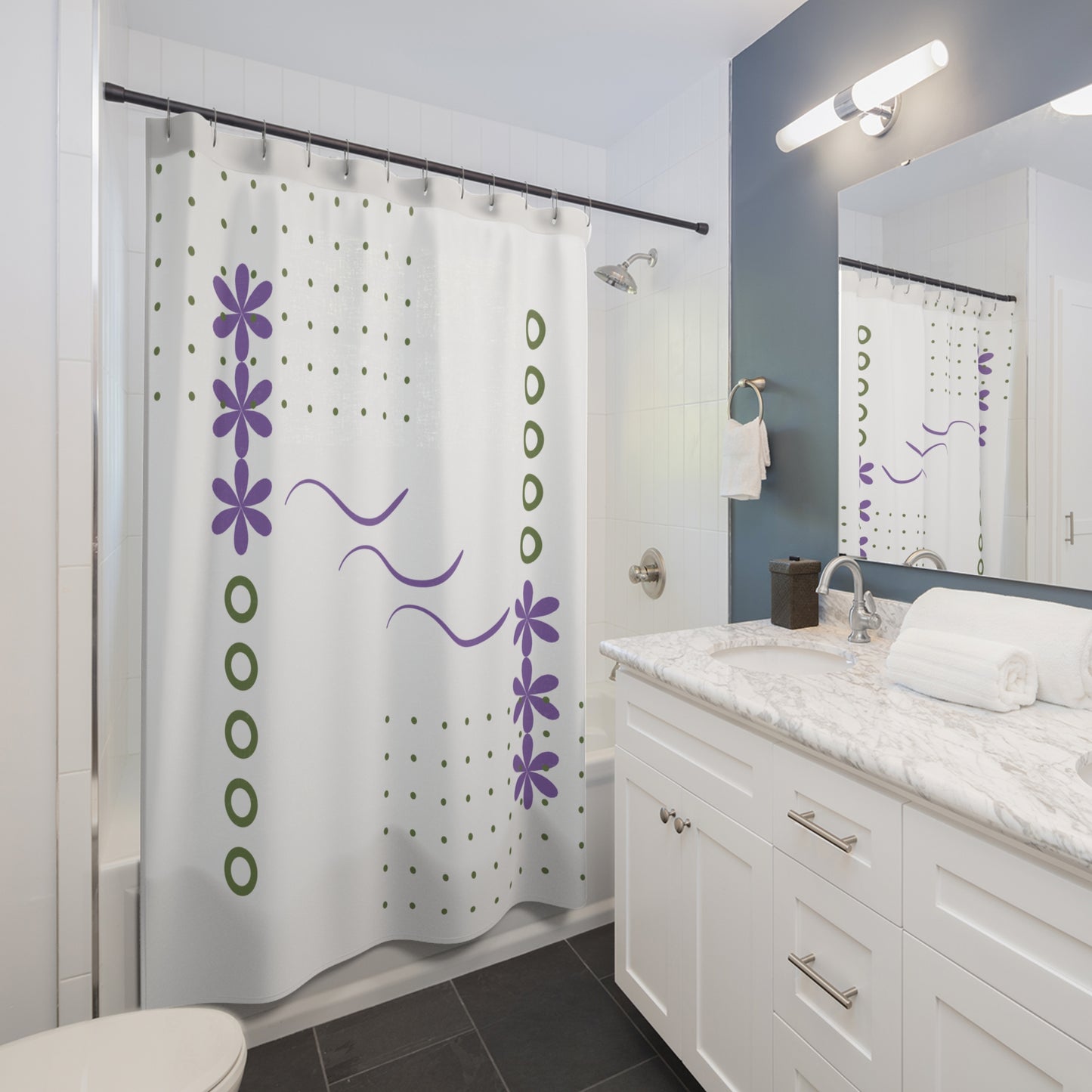 Whimsical Floral Wave Shower Curtain – Lavender & Olive on Black