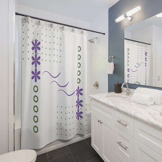 Whimsical Floral Wave Shower Curtain – Lavender & Olive on Black