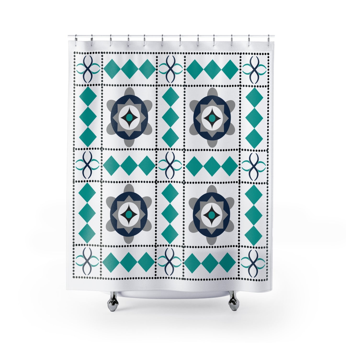 Geometric Floral Tile Shower Curtain – Teal, Navy & Gray Pattern