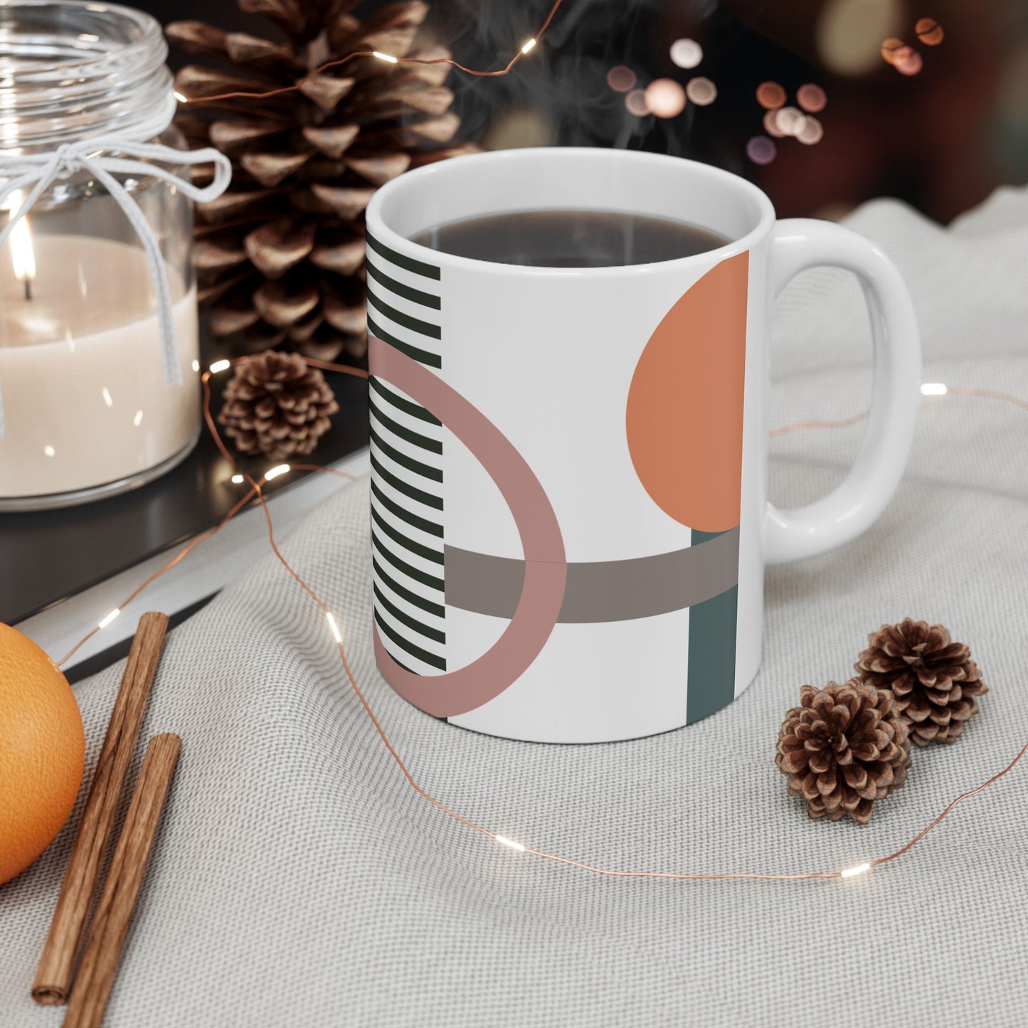 Modern Geometric Abstract Coffee Mug | Terracotta and Olive Green Tea Cup | Minimalist Earth Tone Designer Mug | Calming Scandi Decor | Mid-Century Kitchenware | 11 oz Mug