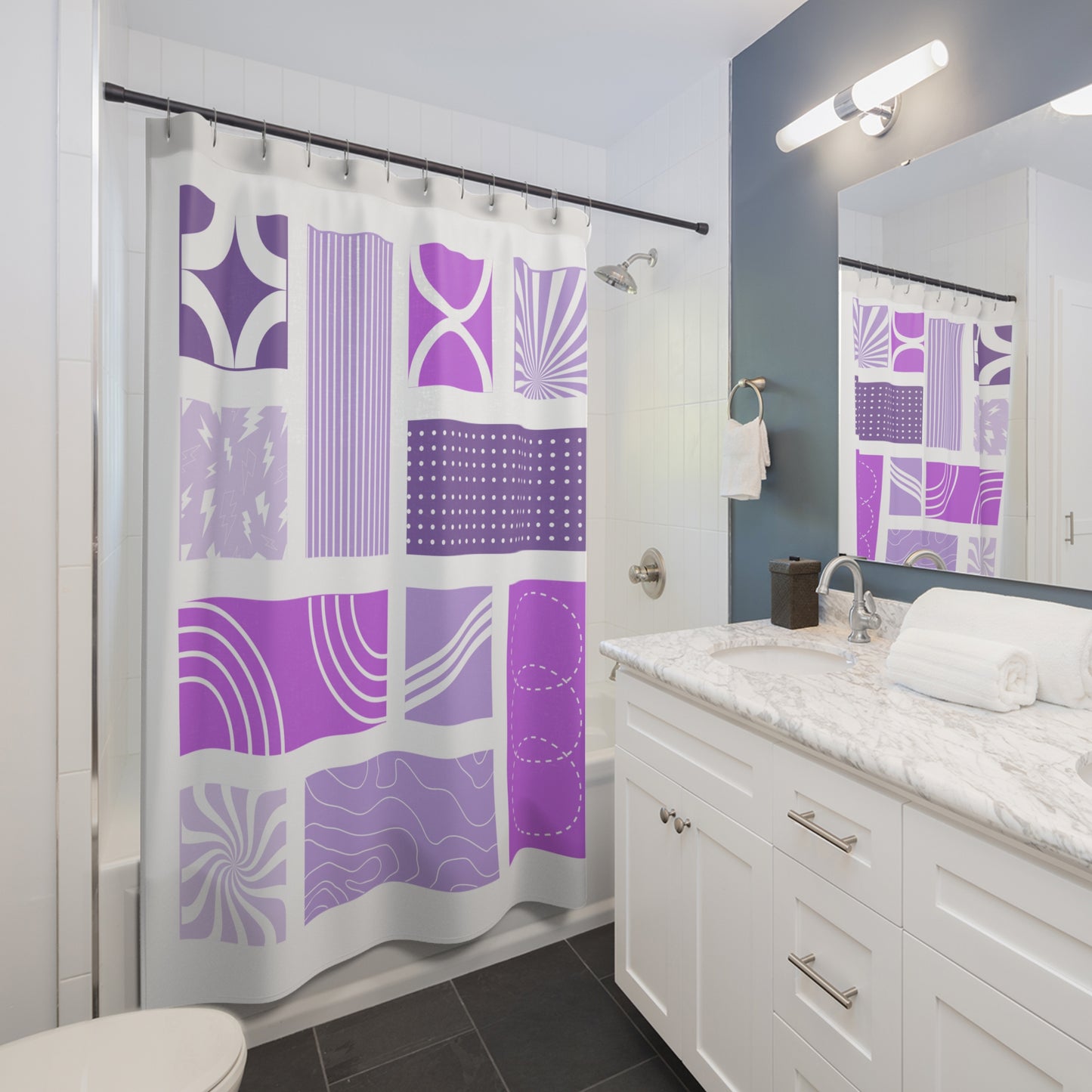 Purple Patchwork Shower Curtain – Pop Art Geometric Collage