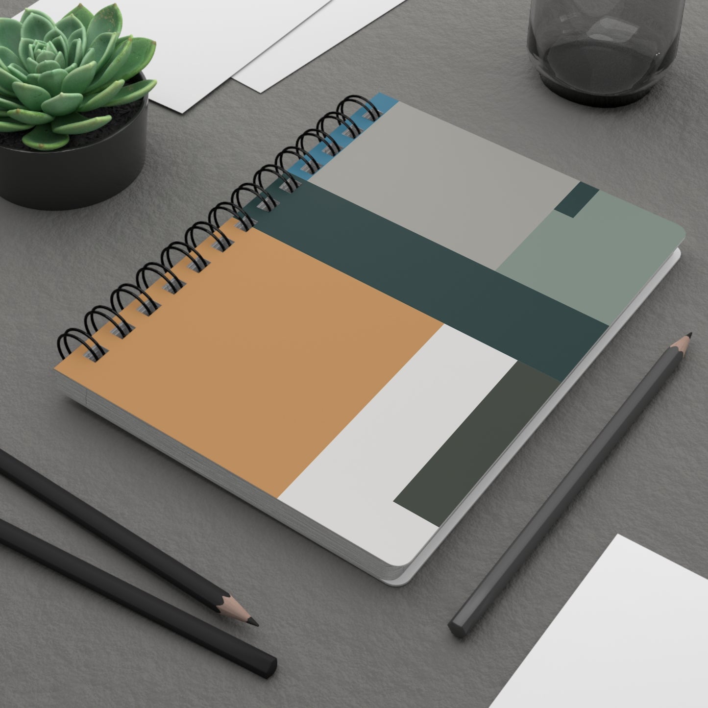 Minimalist Color Block Spiral Notebook | Earthy Teal, Ochre & Gray Modern Journal