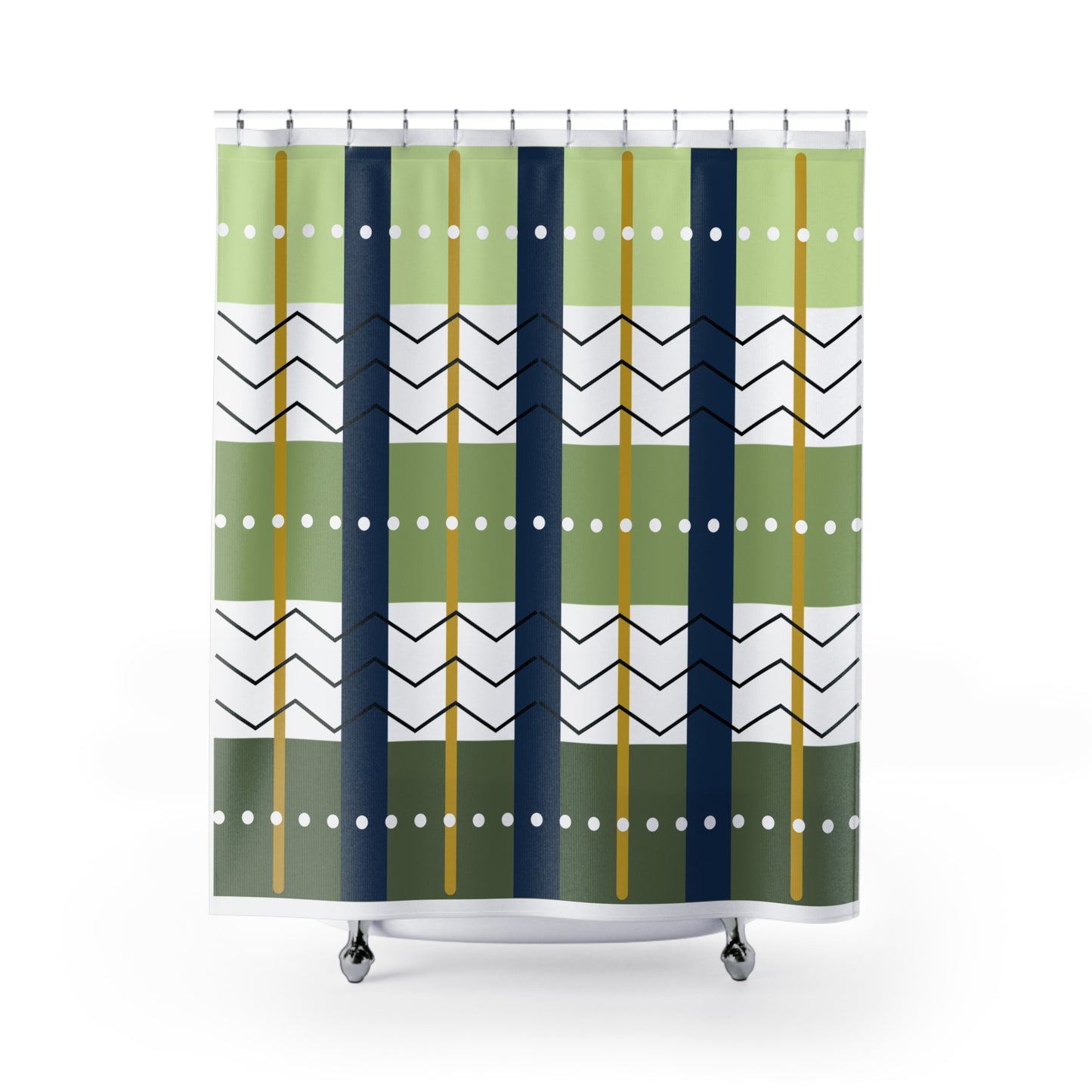 Modern Plaid-Inspired Shower Curtain – Navy, Olive & Gold Striped Grid