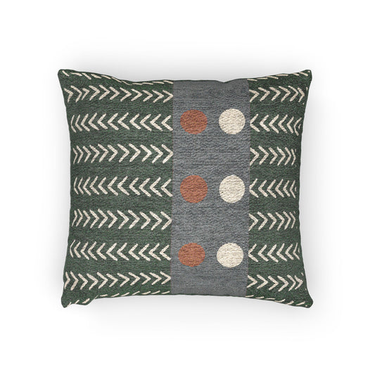 Chevron Orbit Throw Pillow – Orange & White Circles on Graphic Gray Band