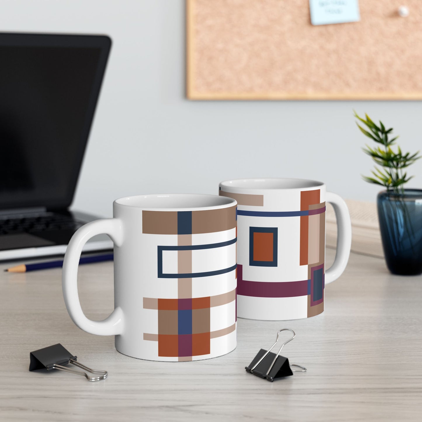 Modern Abstract Plaid Coffee Mug | Geometric Tartan Designer Tea Cup | Navy Blue and Terracotta Checkered Mug | Warm Minimalist Decor | Mid-Century Kitchenware | 11 oz Mug