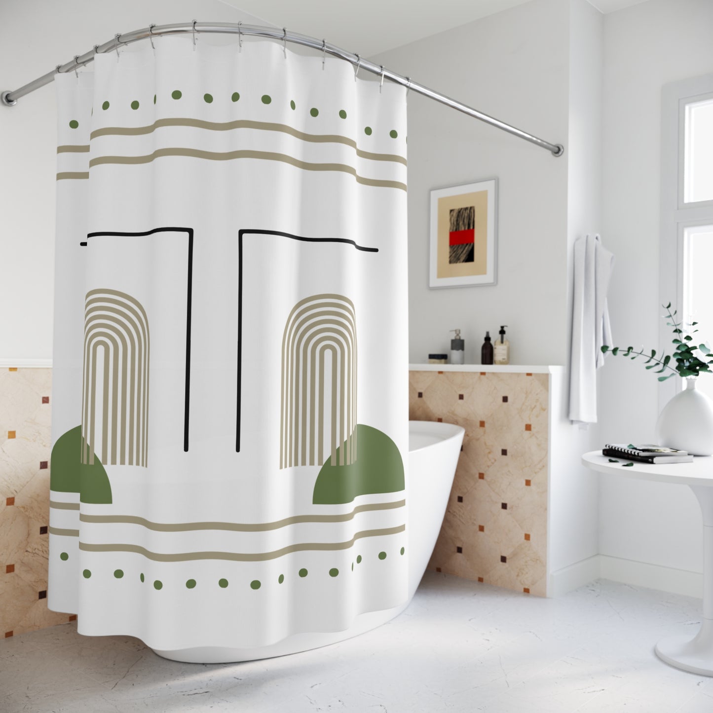 Arched Earth Modern Shower Curtain – Sage Green & Sand on Black