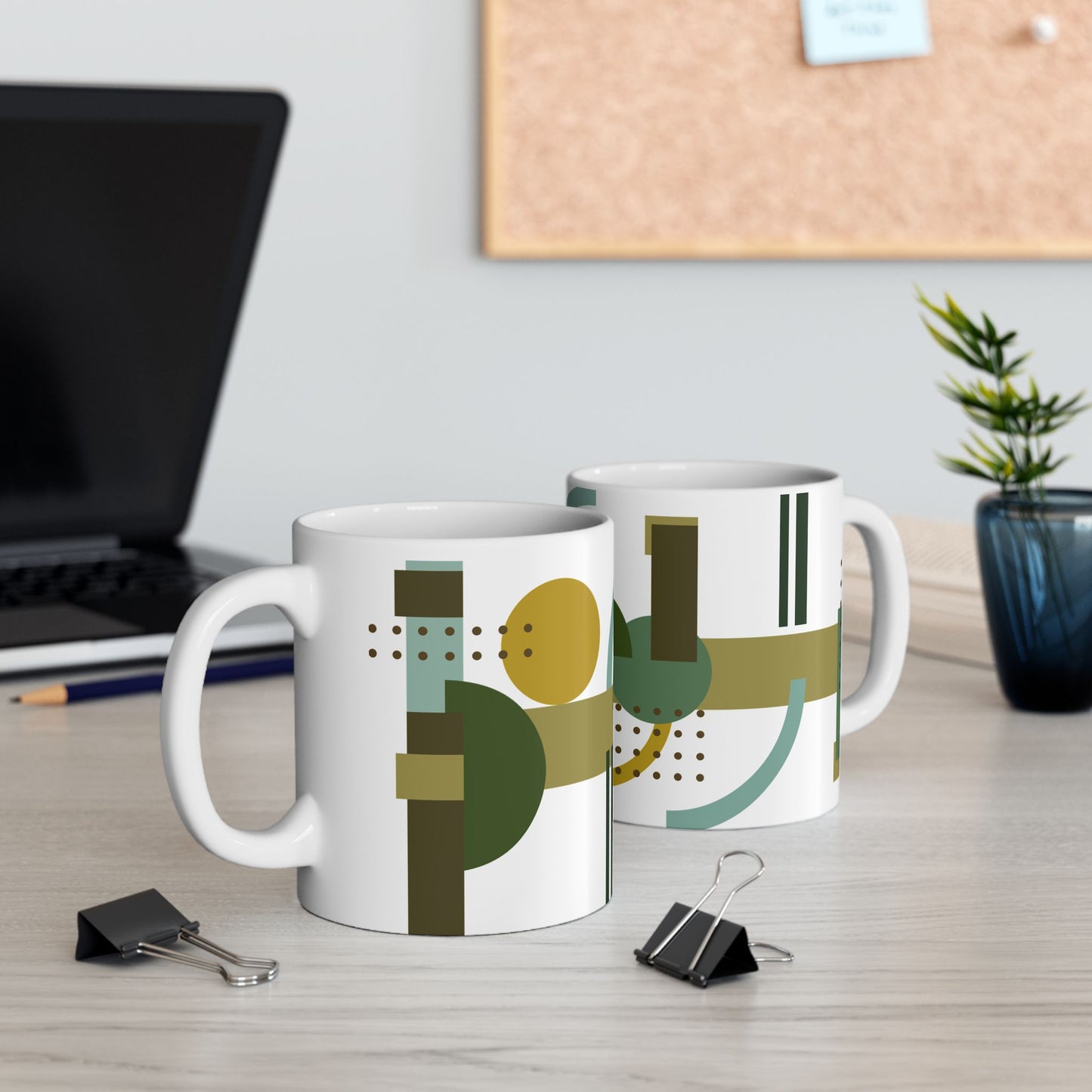 Dynamic Geometric Abstract Coffee Mug | Earthy Green & Gold Art Mug | Modern Curated Kitchenware | 11 oz Mug