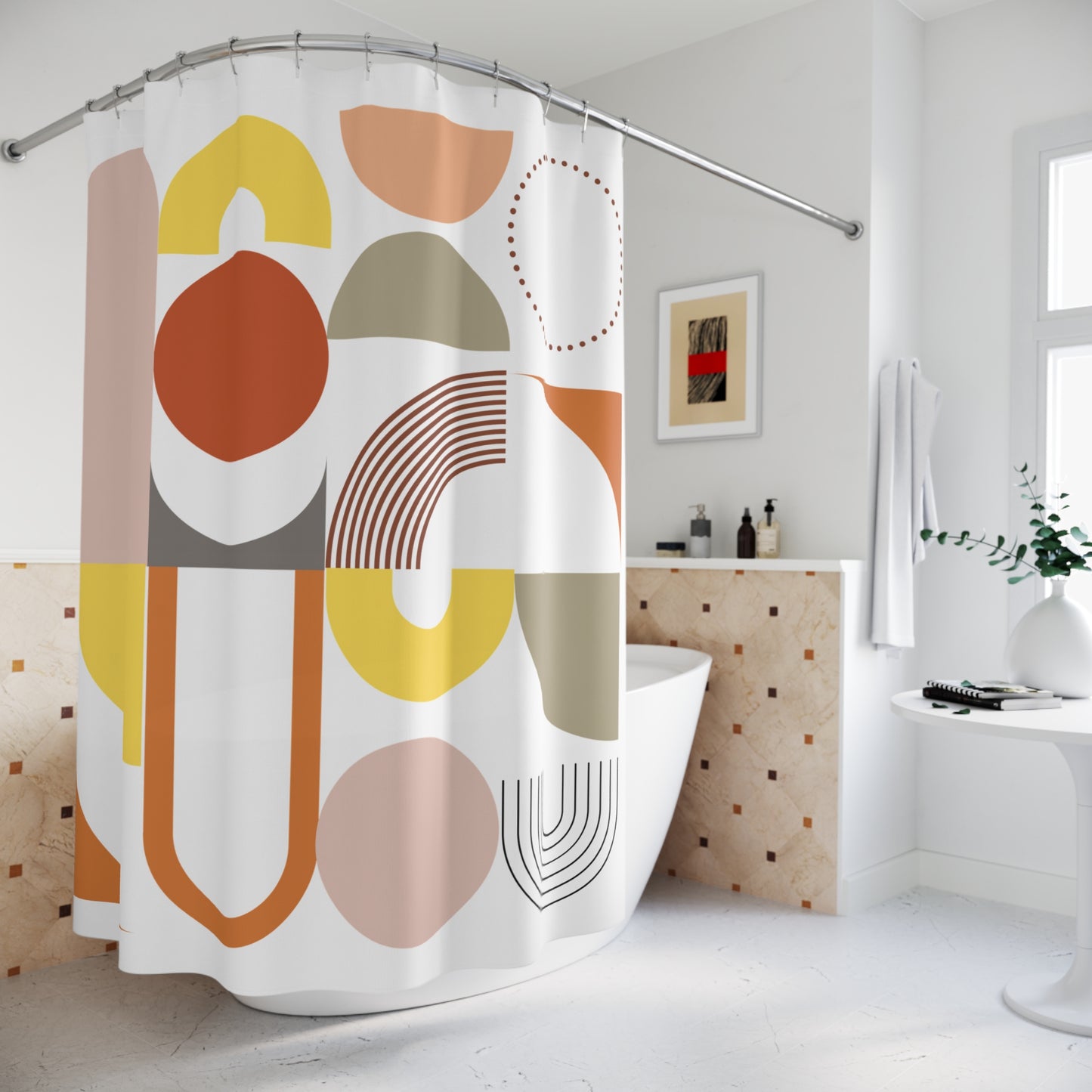 Mid-Century Modern Shower Curtain – Warm Retro Geometric Blocks
