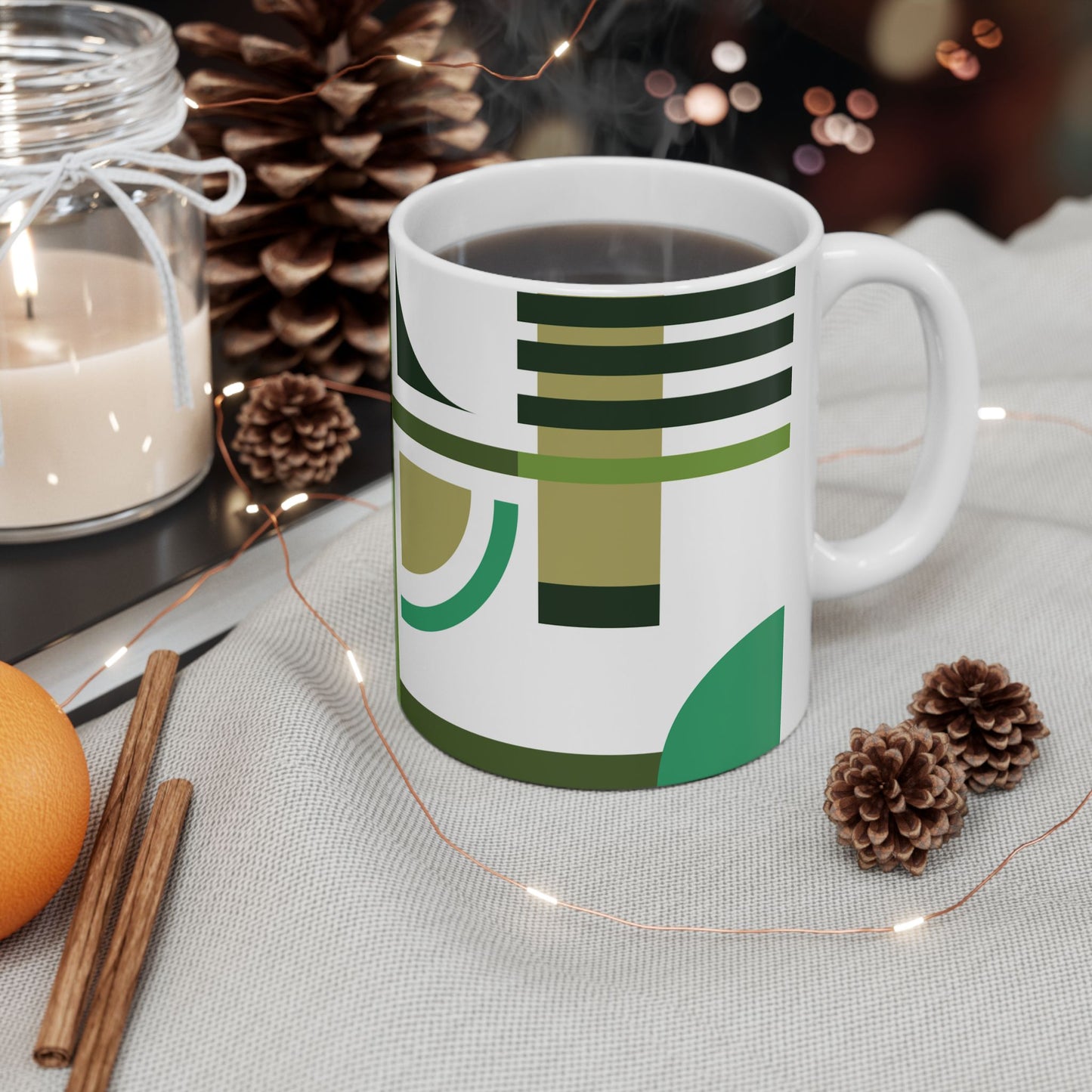 Mid-Century Modern Geometric Coffee Mug | Olive Green & Forest Green Abstract Art