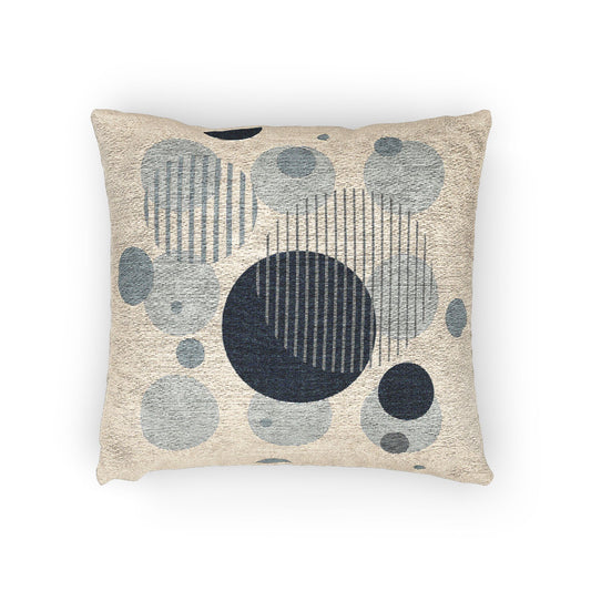 Orbital Layers Throw Pillow – Blue, Gray & White Circles with Striped Accents
