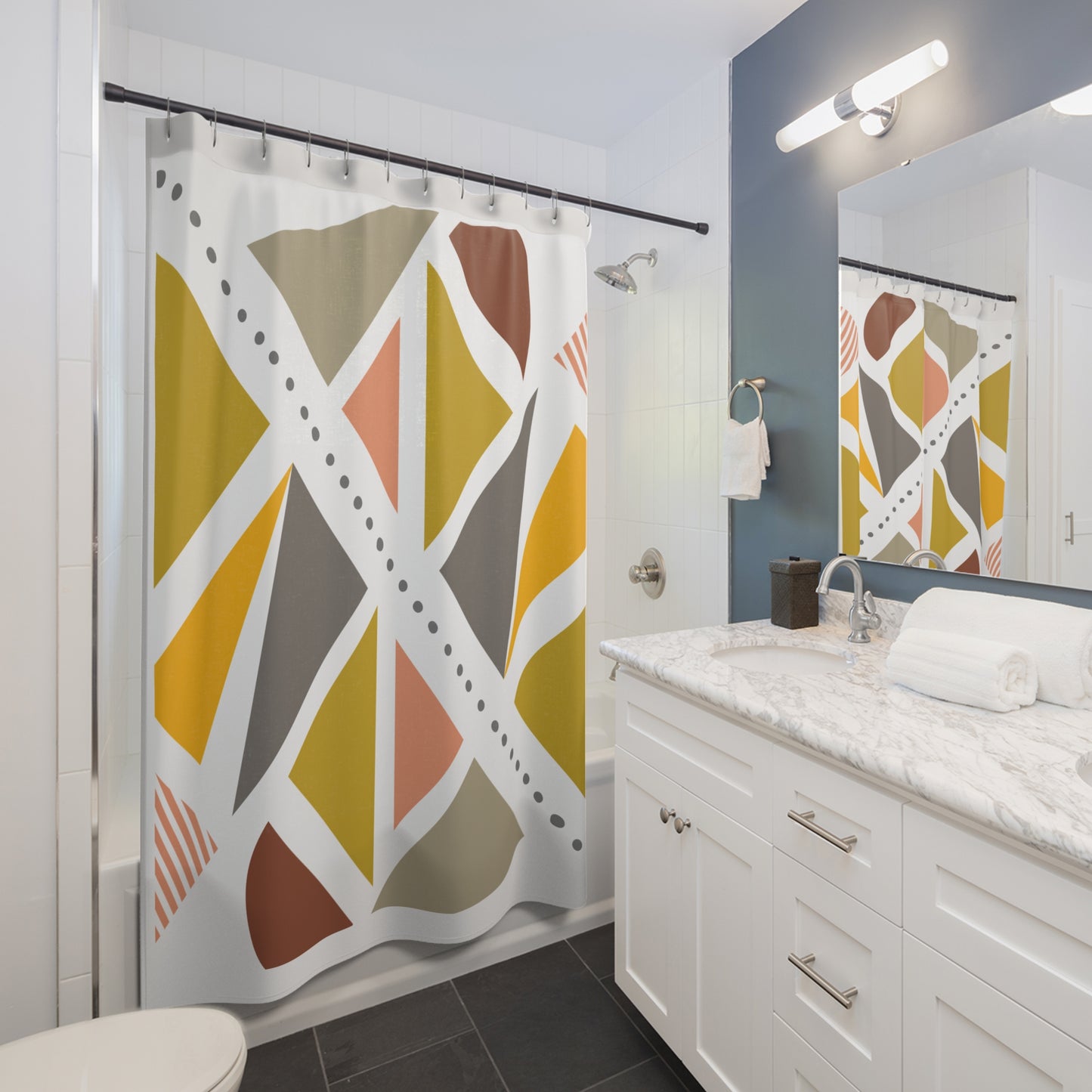 Bold Tribal-Inspired Geometric Shower Curtain – Earth Tones & Angled Lines