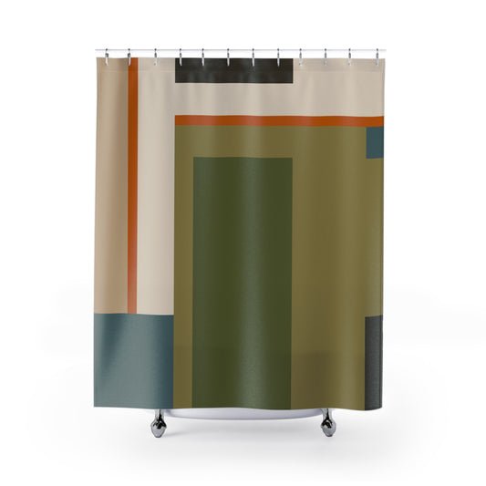 Architectural Geometric Block Shower Curtain | Earth Tones & Forest Green Art Decor