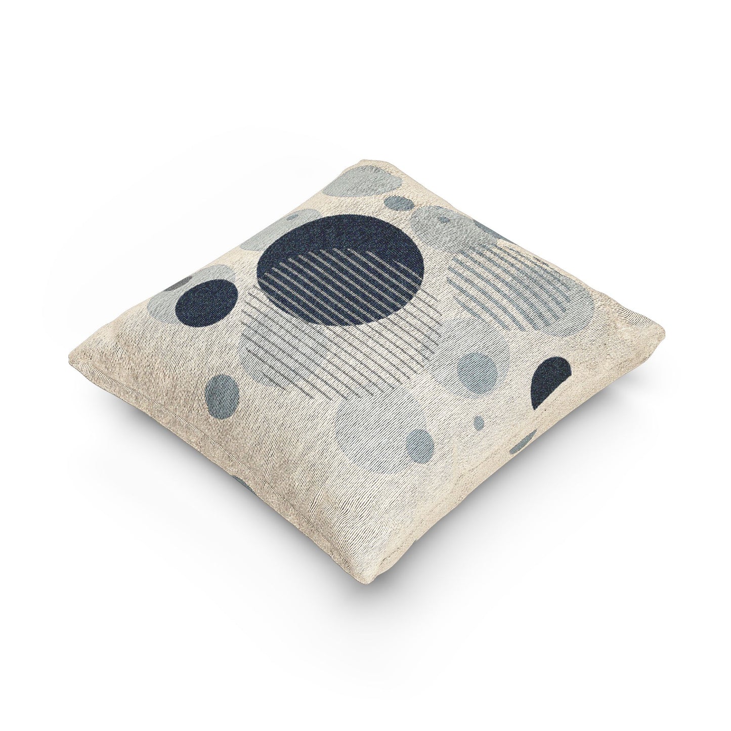 Orbital Layers Throw Pillow – Blue, Gray & White Circles with Striped Accents