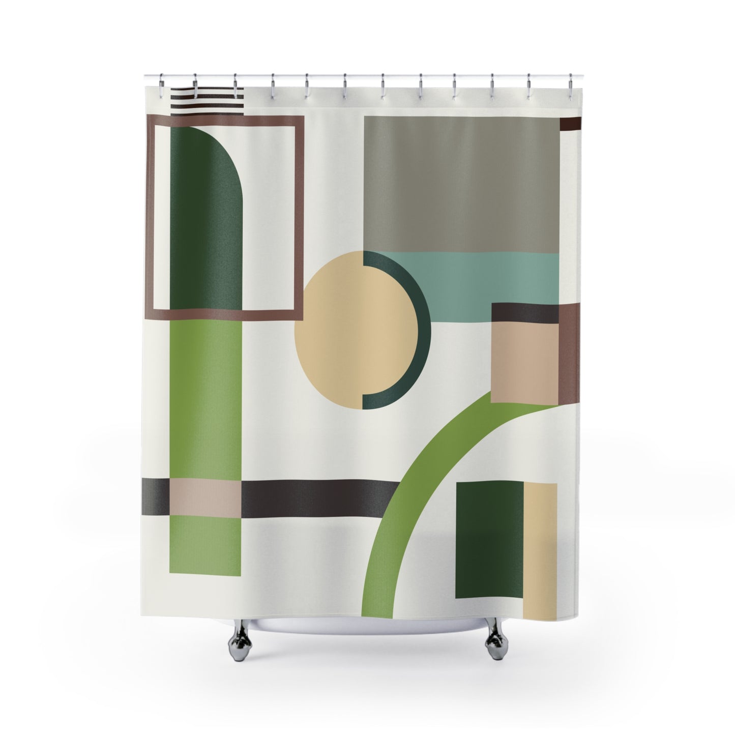 Modern Abstract Geometric Shower Curtain | Earthy Green & Taupe Art Decor | Bauhaus Style Bathroom | Aesthetic Bathroom Decor