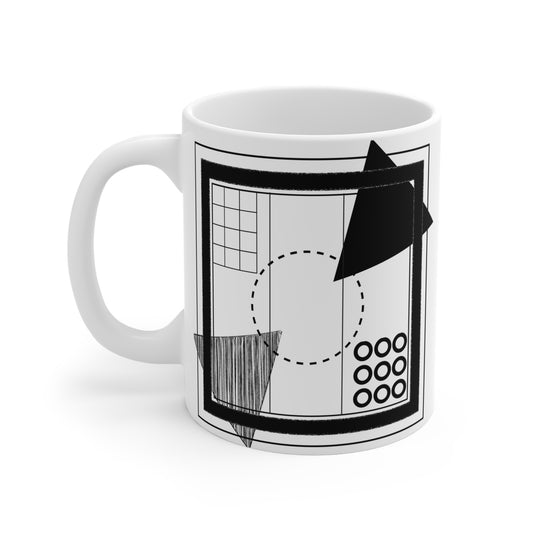 Architect’s Blueprint Mug | 11oz Ceramic Coffee Mug | Black & White Geometric Grid & Shape Design