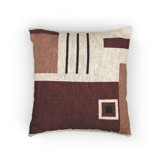 Shadow Grid Throw Pillow – Red, Brown & White Geometry on Black