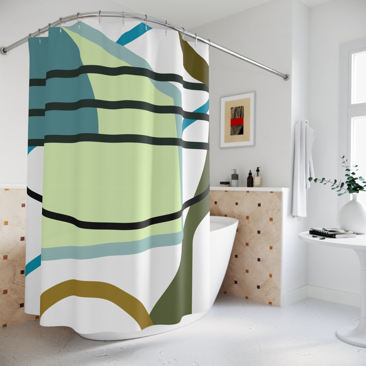 Abstract Layers Shower Curtain – Teal & Earth Tones