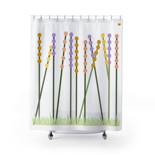 Wildflower Meadow Shower Curtain – Pastel Dot Blossoms on Black