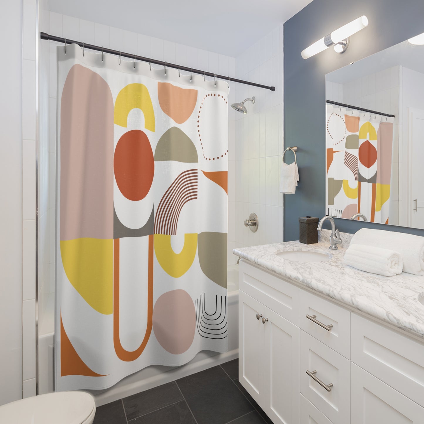 Mid-Century Modern Shower Curtain – Warm Retro Geometric Blocks