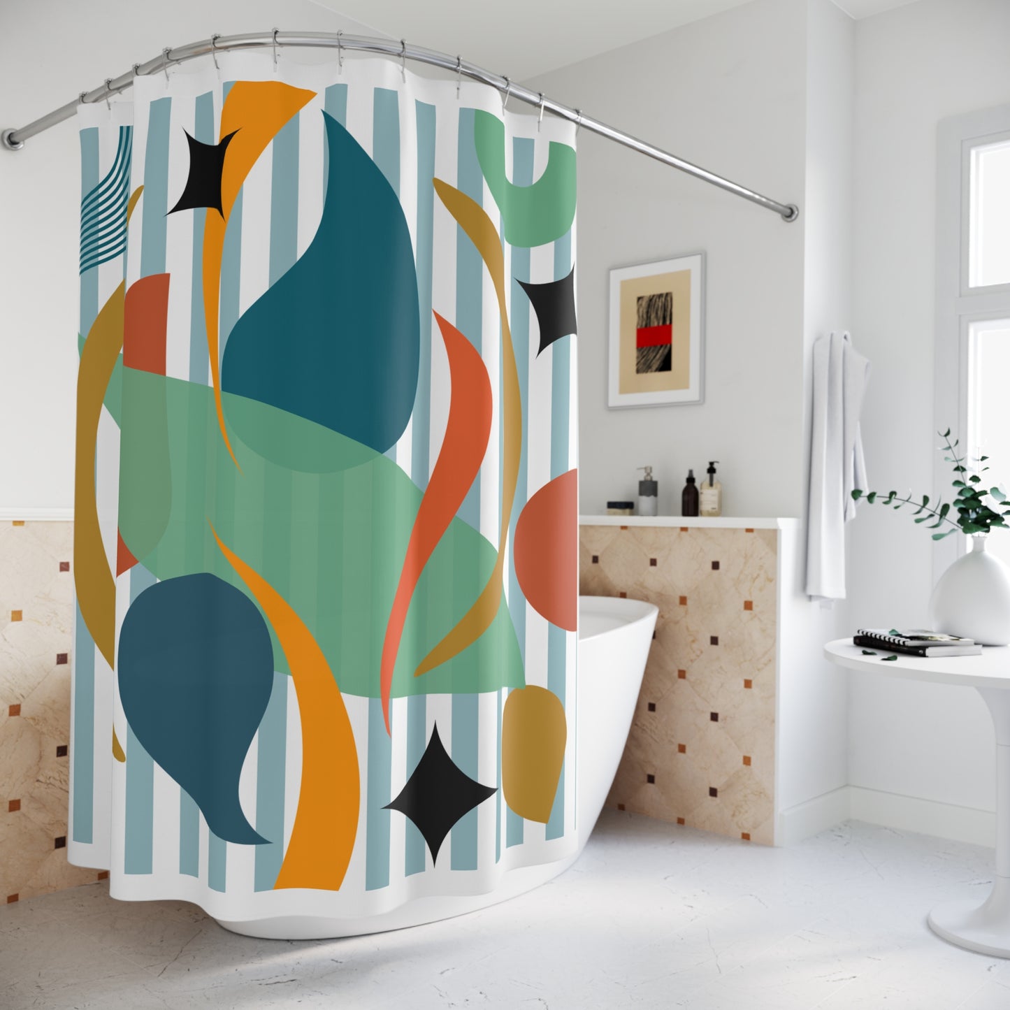 Maximalist Abstract Shower Curtain – Colorful Organic Chaos Over Stripes