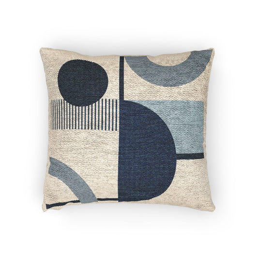 Blue Orbit Throw Pillow – Arcs, Stripes & Circles in Monochrome Motion
