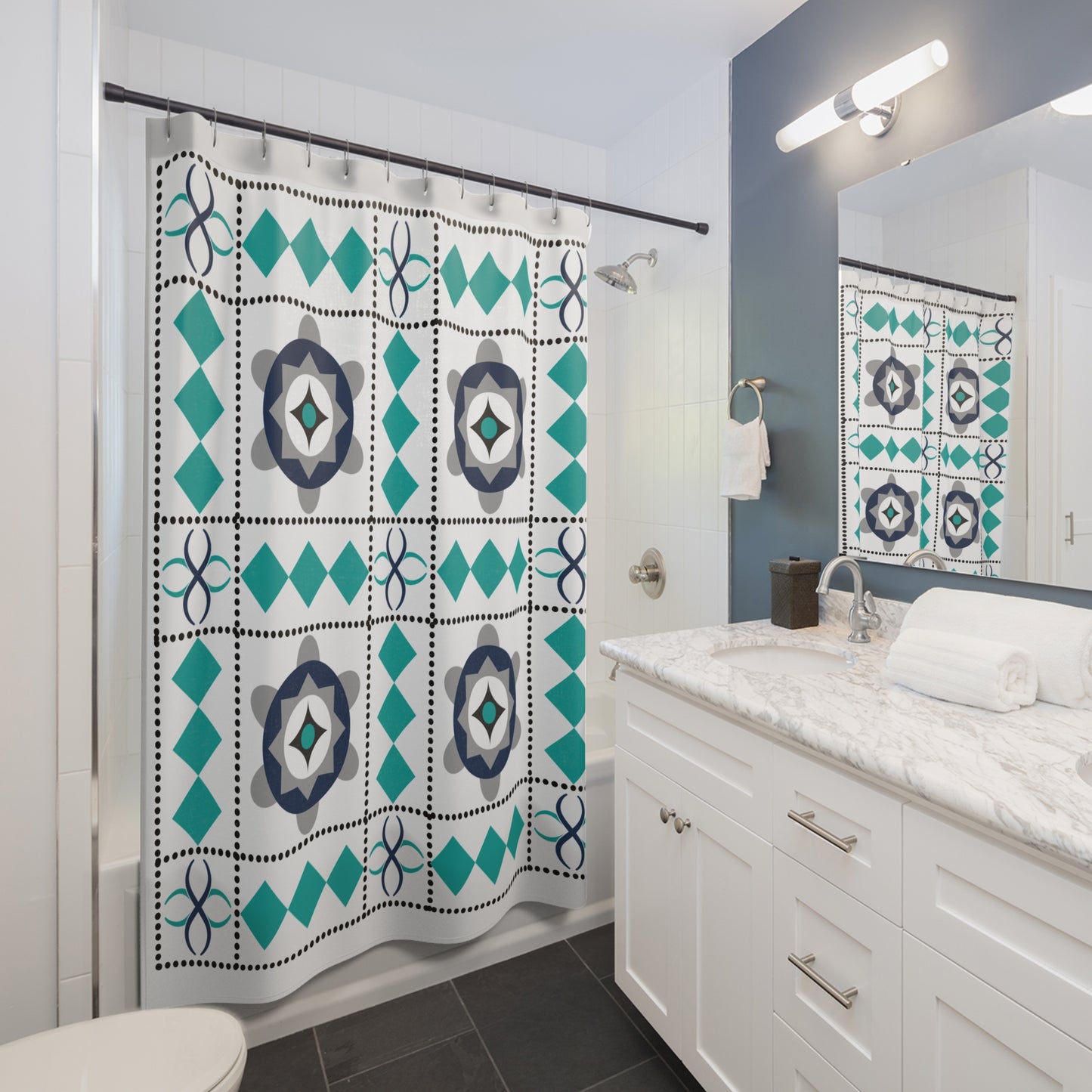 Geometric Floral Tile Shower Curtain – Teal, Navy & Gray Pattern