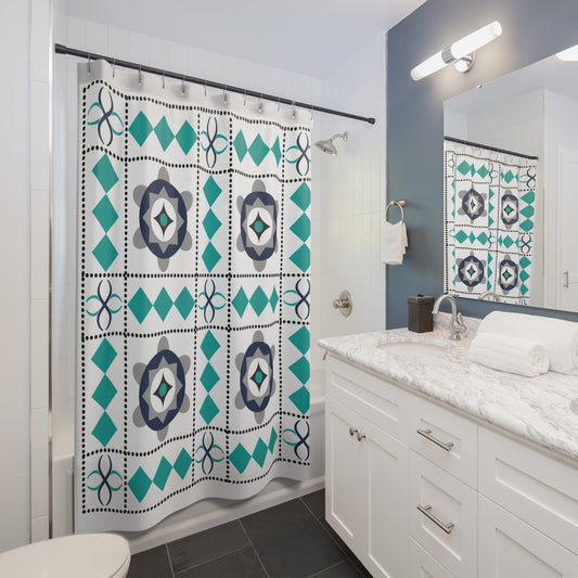 Geometric Floral Tile Shower Curtain – Teal, Navy & Gray Pattern