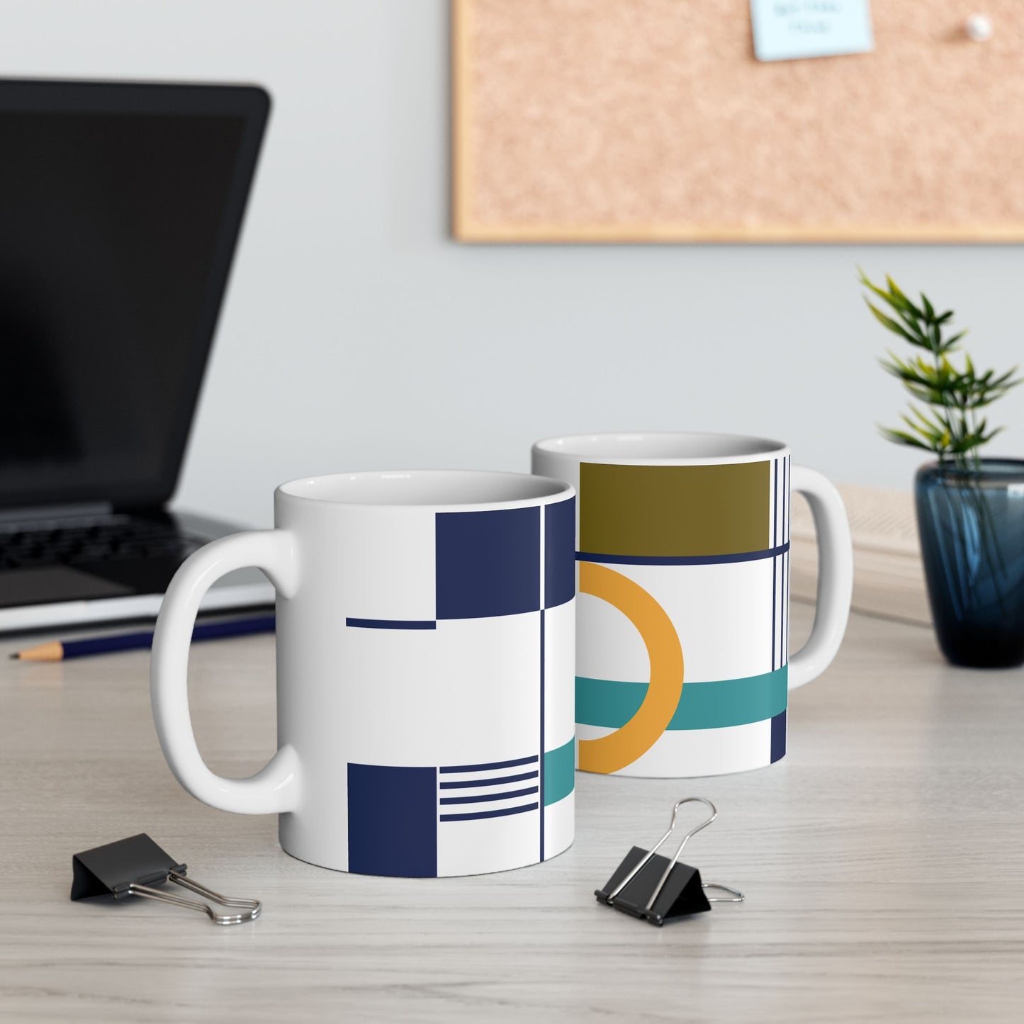 Abstract Balance Mug – Navy, Mustard & Teal Geometry | Mid-Century Kitchenware | 11 oz Mug
