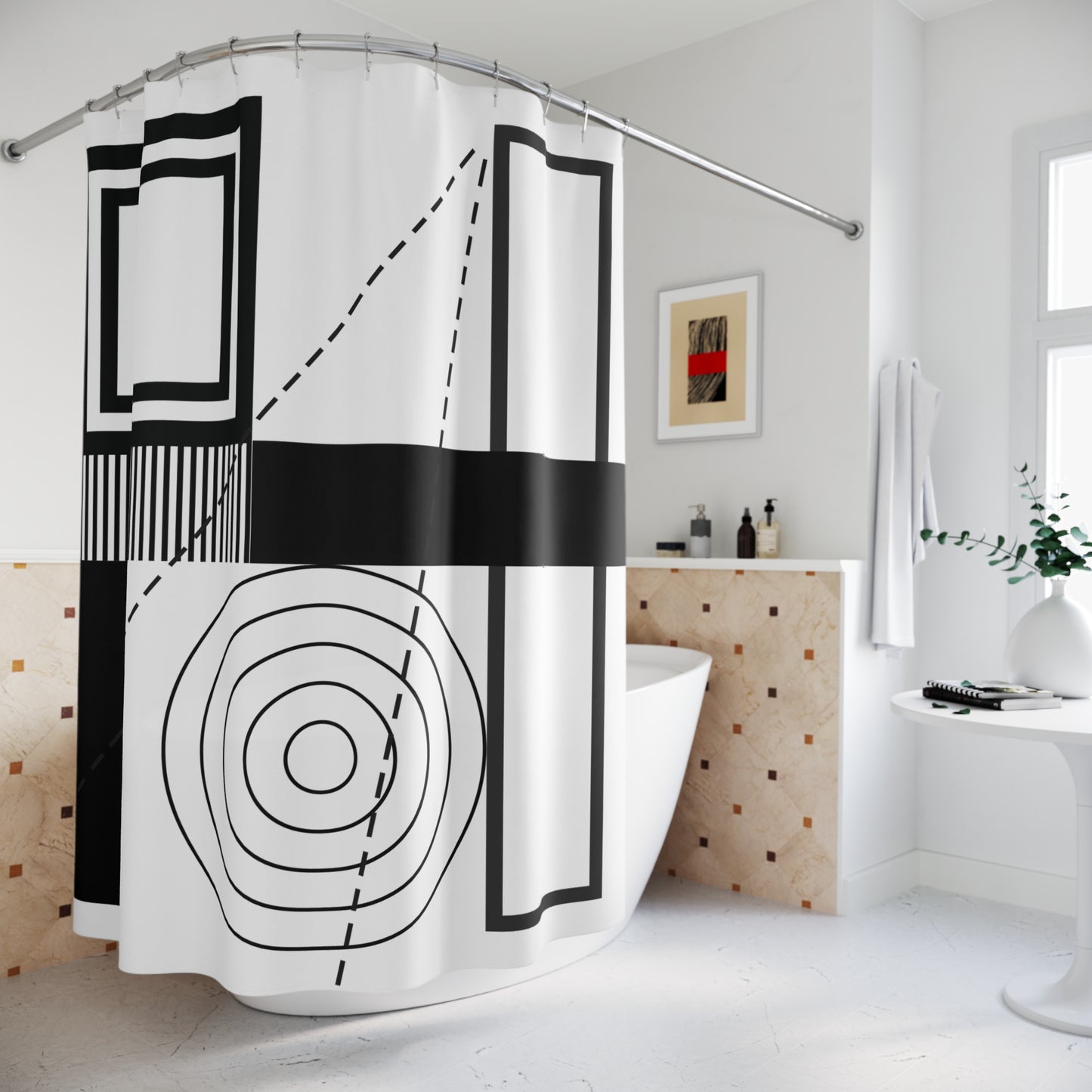 Modern Geometric Shower Curtain – Black and Gray Minimalist Art