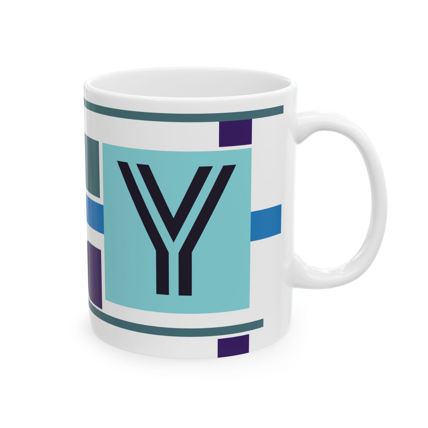 "Y" Abstract Bauhaus Art, Mid-Century Teal & Navy Ceramic Coffee Cup | Modern Geometric Monogram Mug | 11 oz Mug