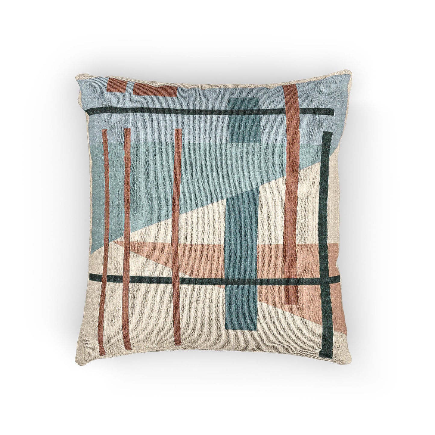 Vertical Constructs Throw Pillow – Teal, Orange & Blue Geometry