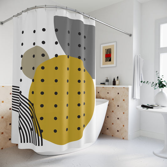 Retro Dotted Circles Shower Curtain – Mustard, Taupe & Charcoal Palette