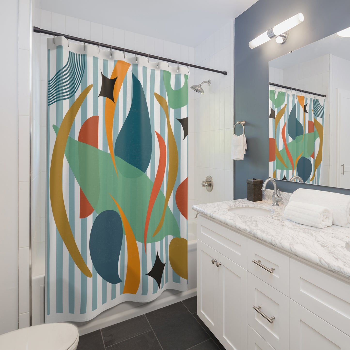 Maximalist Abstract Shower Curtain – Colorful Organic Chaos Over Stripes